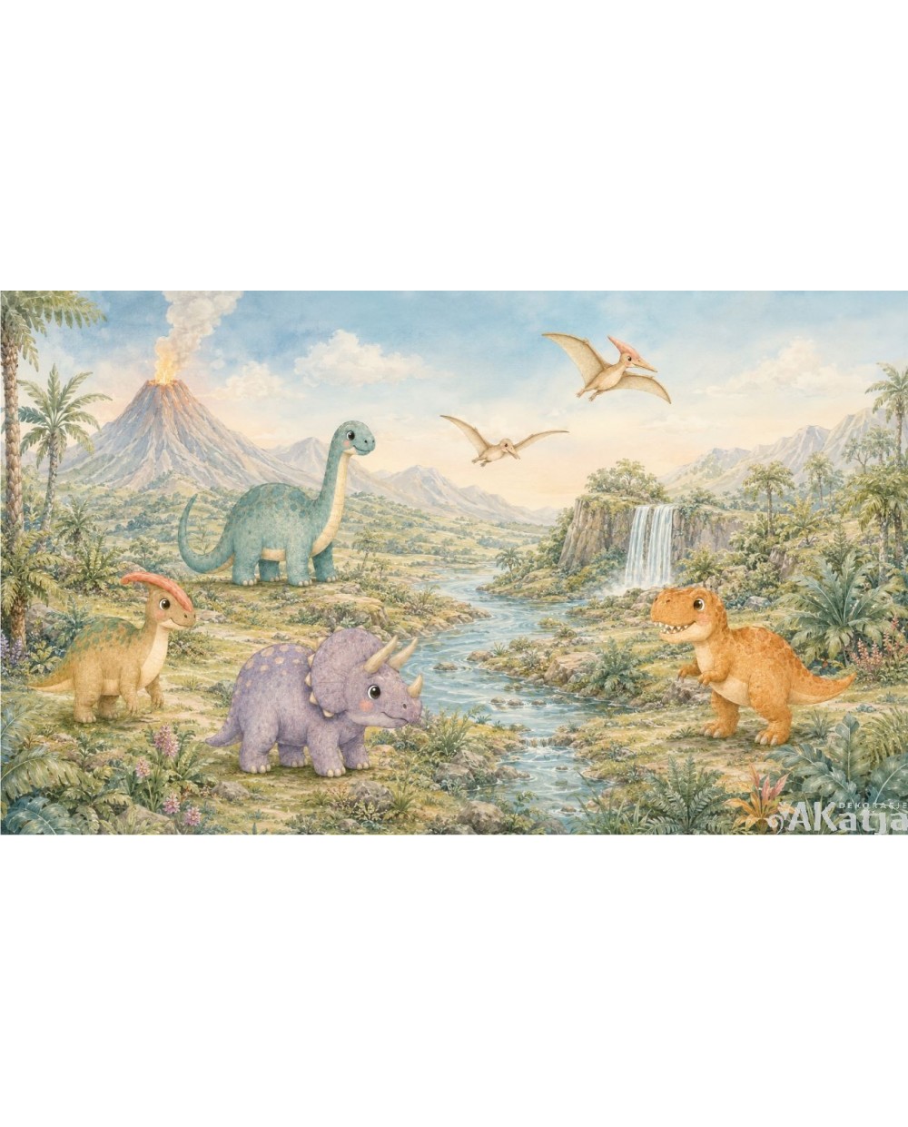 mini-dino-dinozaury-na-tle-wulkanu-i-wodospadu naklejki ścienne dinozaury