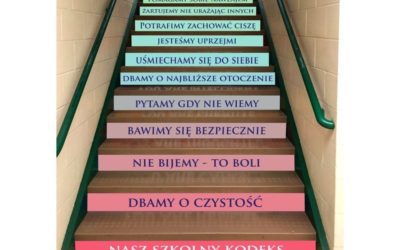 Zasady szkoły – naklejki na schody, które przypominają, jak należy się zachowywać